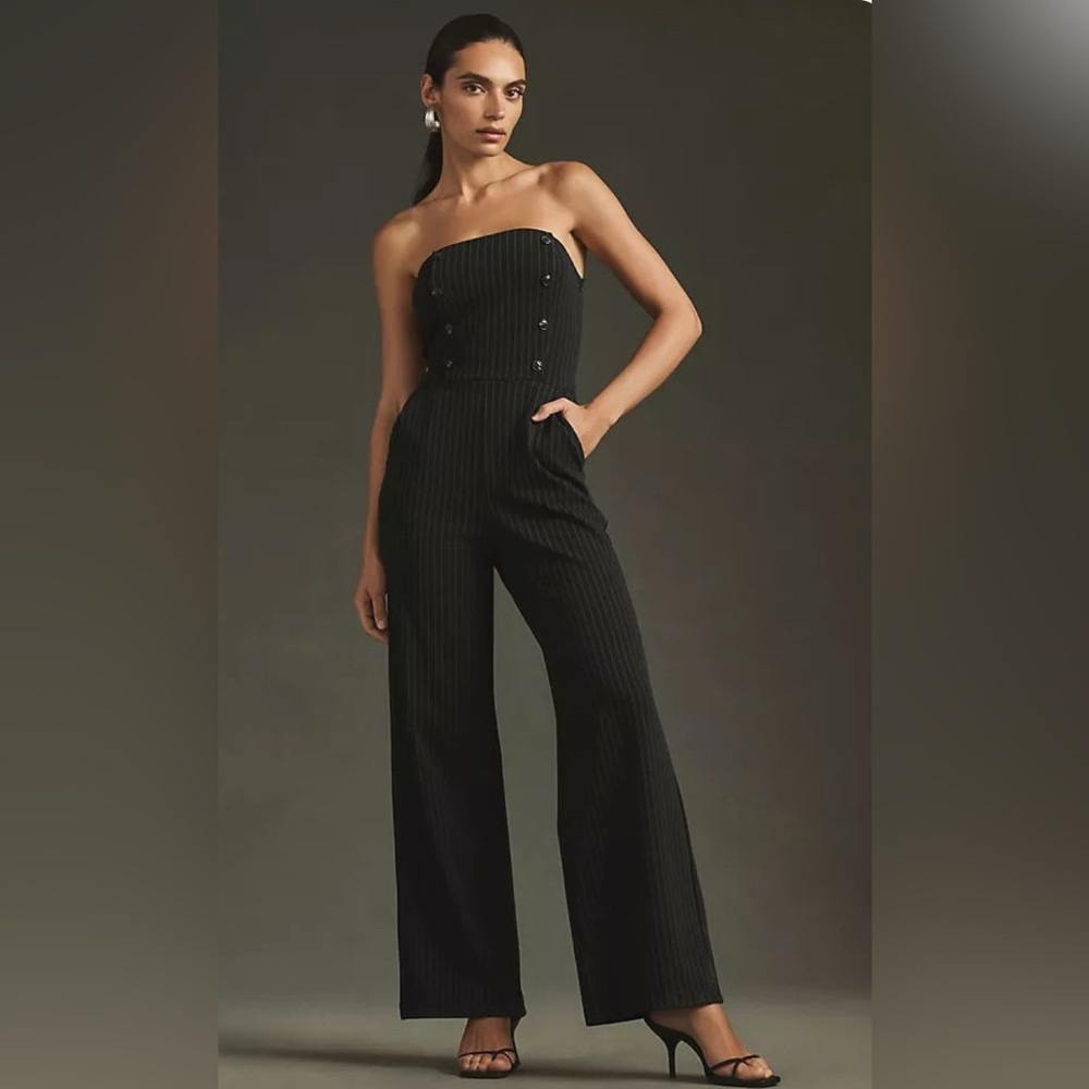 Anthropologie Maeve Dark Navy-Gray Pinstripe Jumpsuit